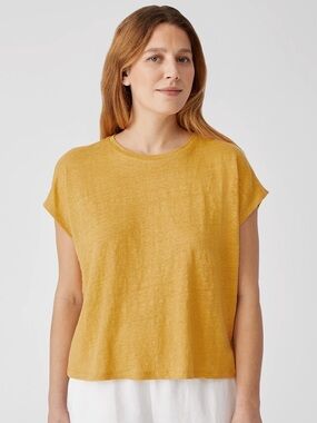 Eileen Fisher Organic 100% Linen Jersey Square Top in Marigold Medium Fit